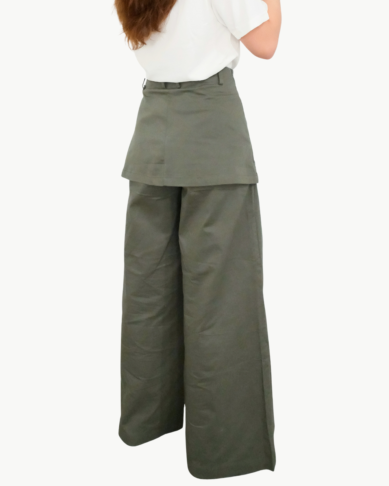 Overlay Skirt Pants Straight-Leg Trousers — Army Green
