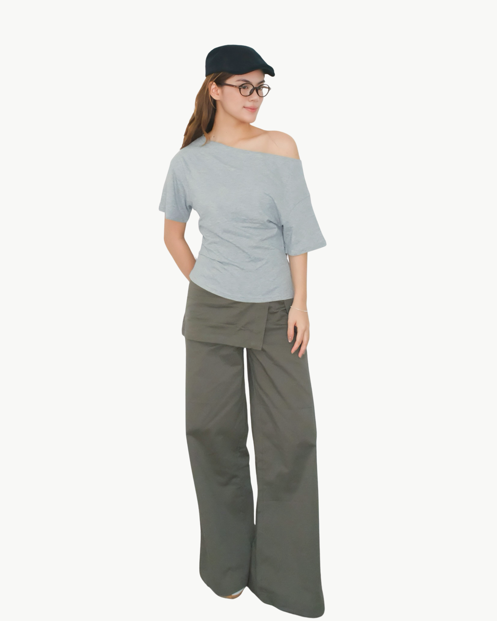 Overlay Skirt Pants Straight-Leg Trousers — Army Green