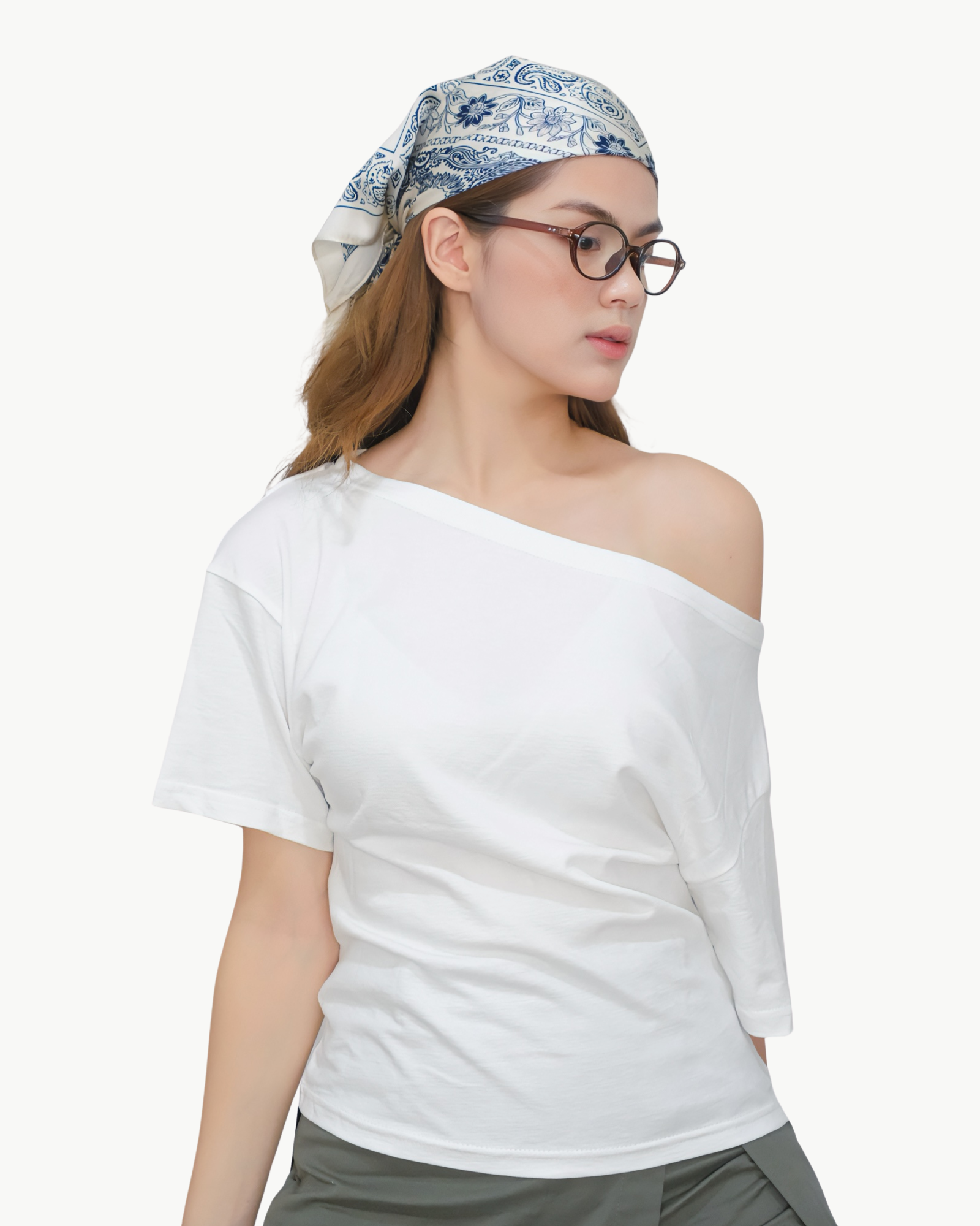 Draped Off-Shoulder Tee — White/ Light Grey