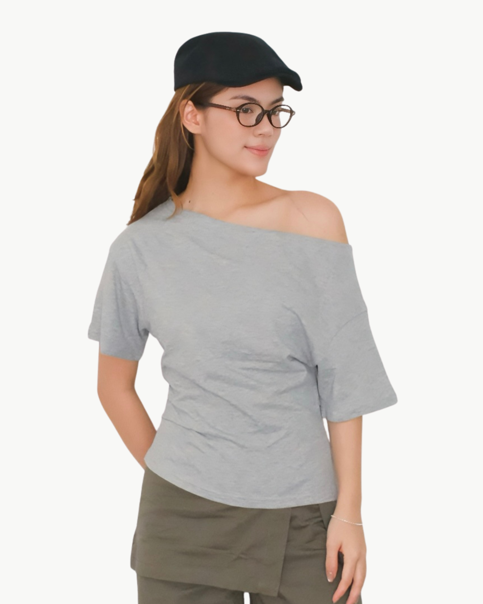 Draped Off-Shoulder Tee — White/ Light Grey