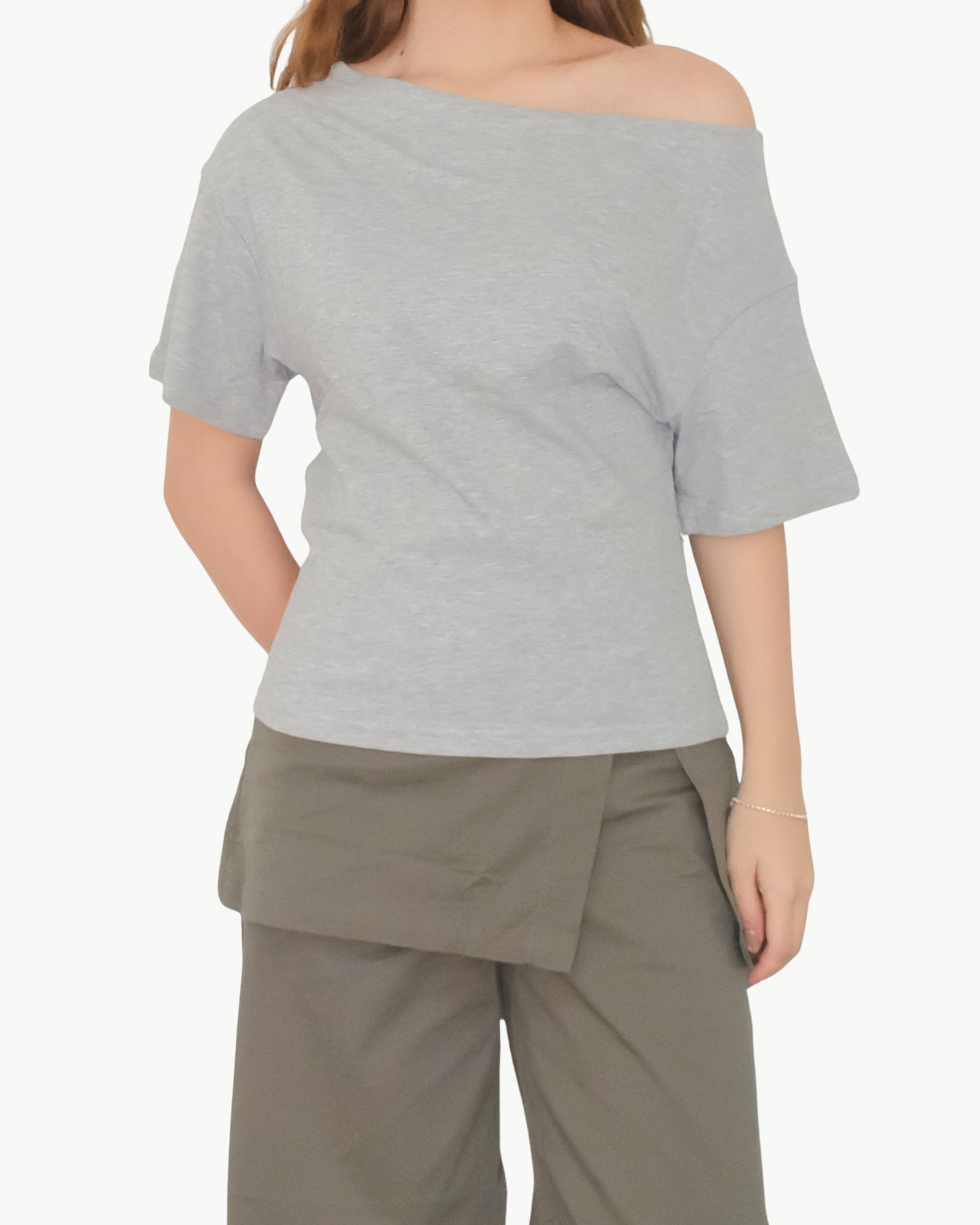 Draped Off-Shoulder Tee — White/ Light Grey