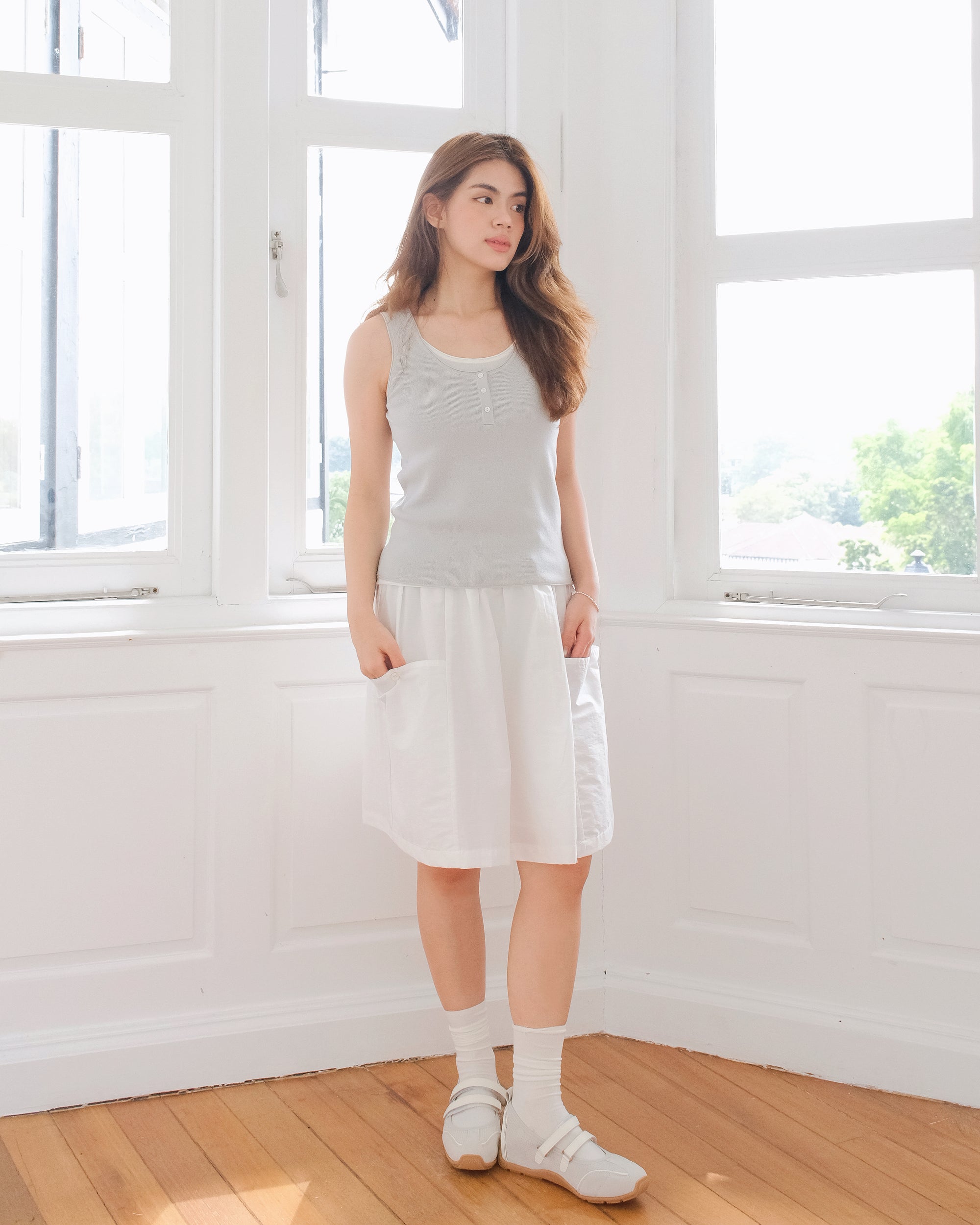 Layered Henley Tank — Light Grey