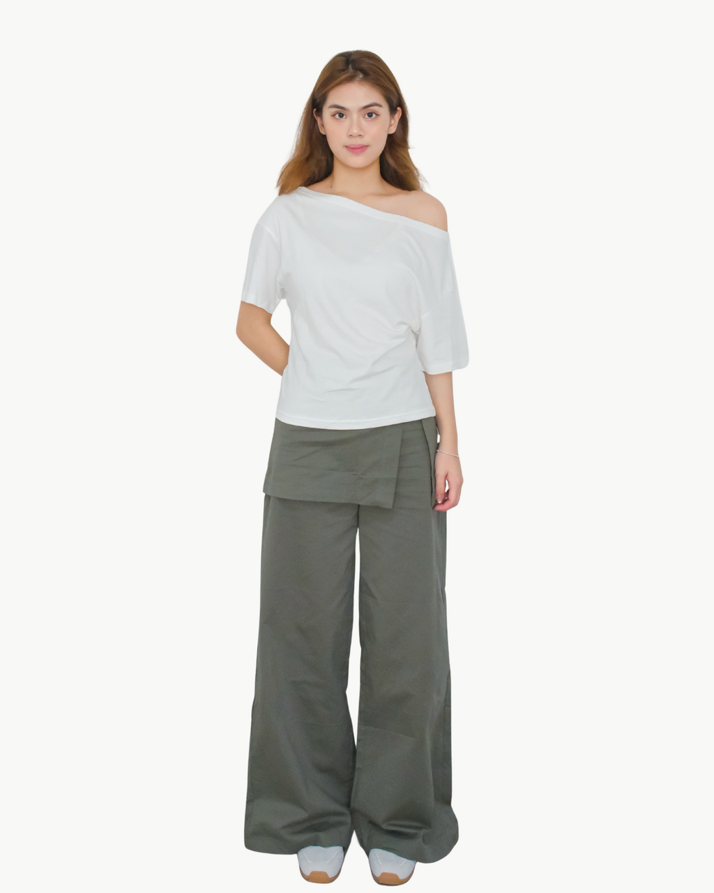 Overlay Skirt Pants Straight-Leg Trousers — Army Green