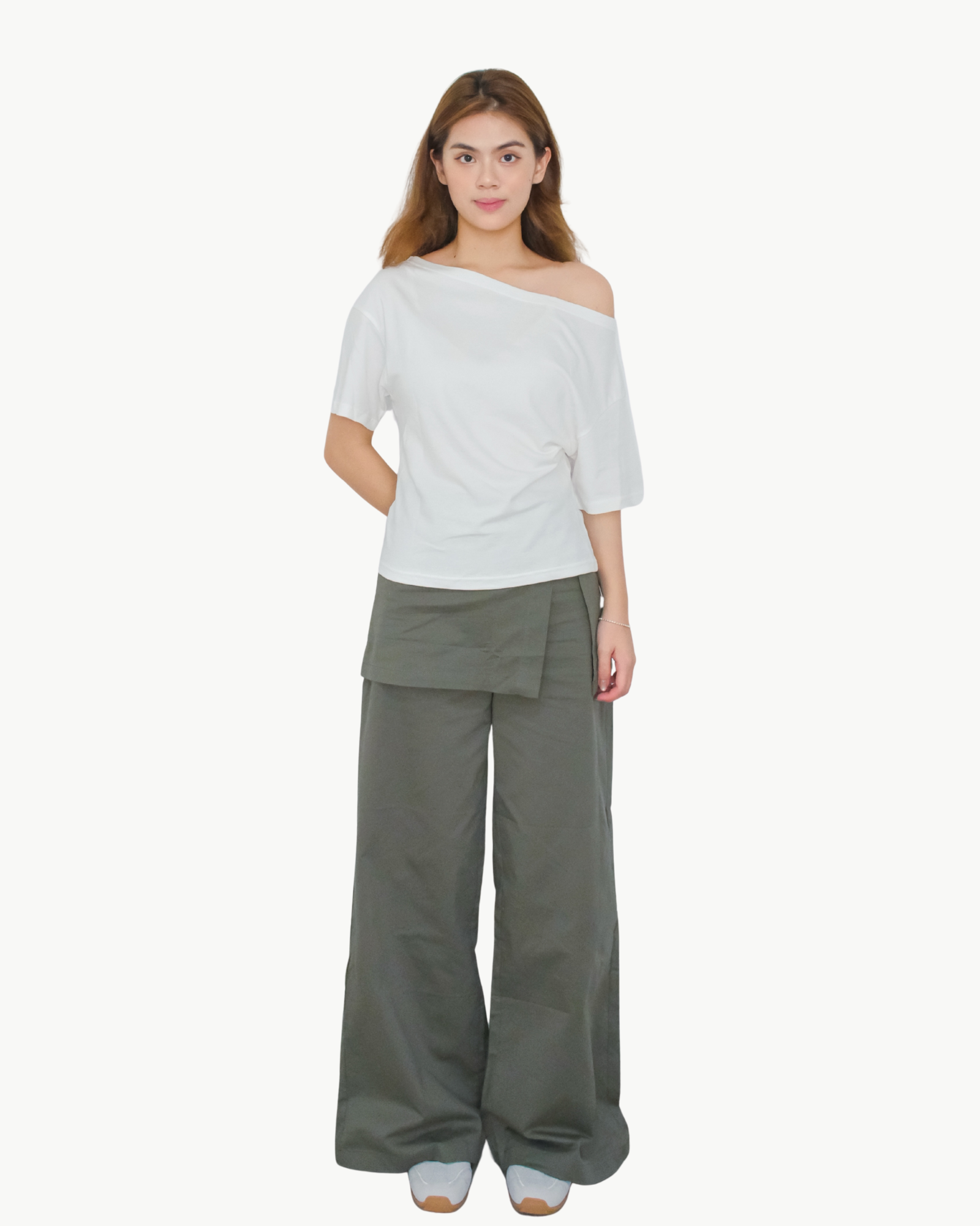 Overlay Skirt Pants Straight-Leg Trousers — Army Green