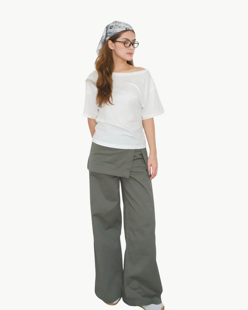 Draped Off-Shoulder Tee — White/ Light Grey