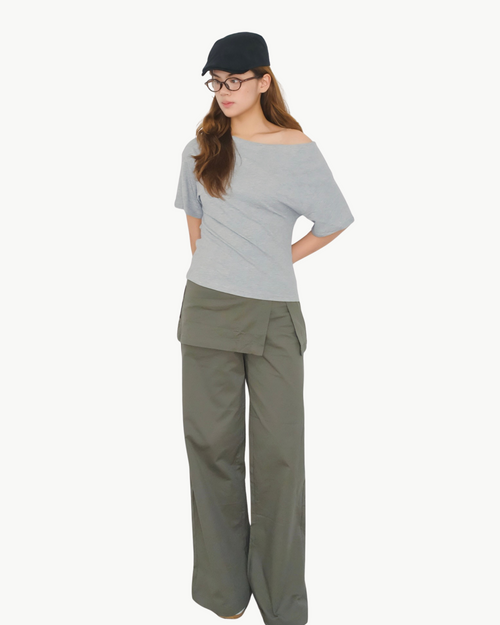 Draped Off-Shoulder Tee — White/ Light Grey