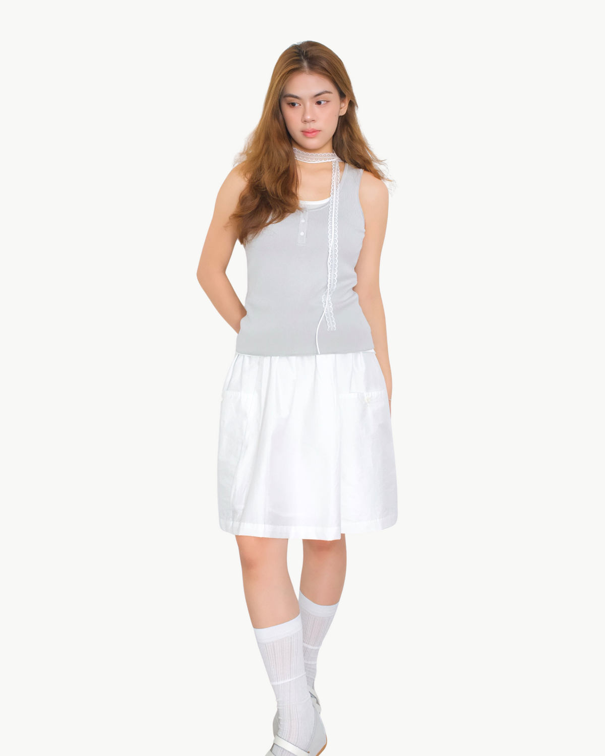 Layered Henley Tank — Light Grey